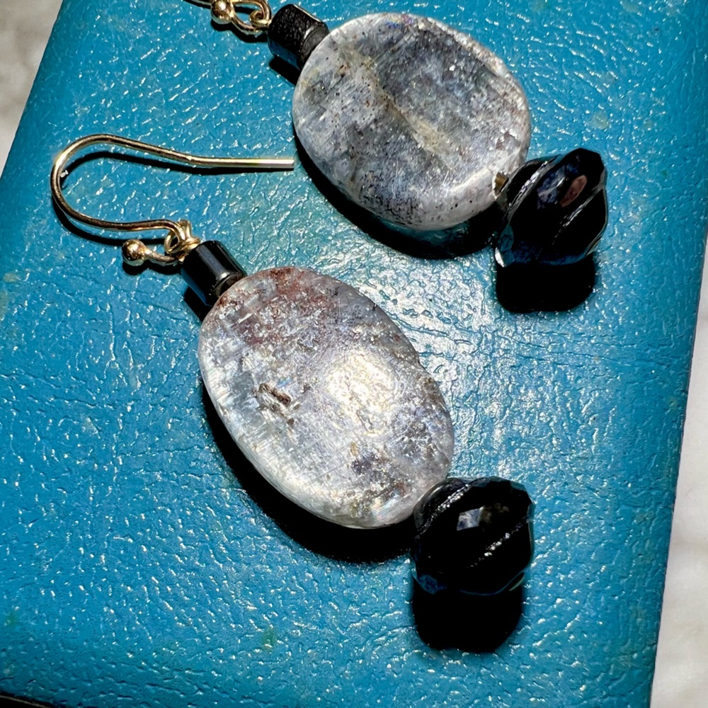 Vintage Kyanite & Hematite Beaded Earrings. Handmade Uniquely cut 14K GF